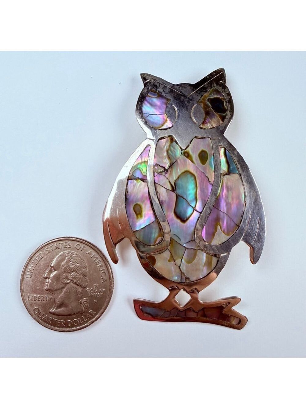 Taxco 2.5" Large Owl 925 Sterling Silver Abalone Pendant Pin Brooch VTG Mexico